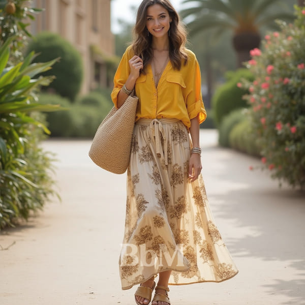 Femme bohème en jupe longue fleurie translucide beige, chemise oversize jaune, sandales dorées et sac en osier