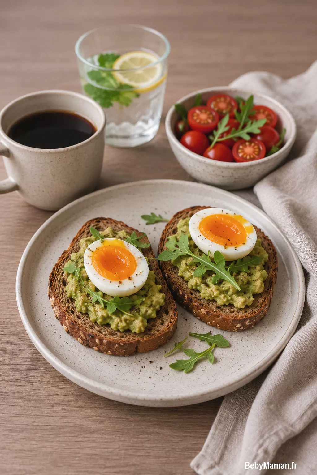 repas complet petit dejeuner sale beurre avocat cafe pain citron oeuf Petit déjeuner salé sain composé de tartines à l'avocat, œufs mollets, roquette, tomates cerises, café noir et eau citronnée sur une table en bois naturel.