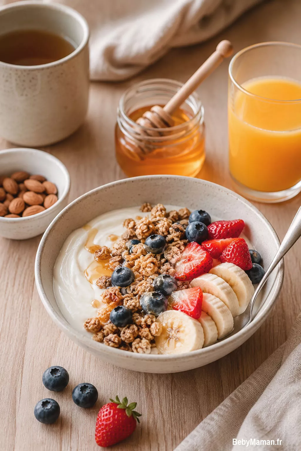 repas petit dejeune sucre jus dorange lait pain cerelaes the confiture Petit déjeuner sucré équilibré avec bol de yaourt nature, granola croustillant, banane, fraises, myrtilles, miel, jus d'orange, amandes et boisson chaude sur une table en bois clair.