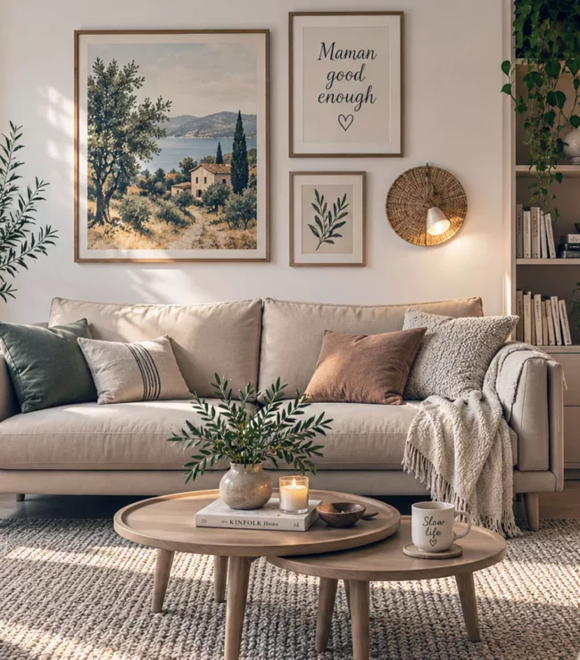 Salon cosy et lumineux avec canapé beige, décoration slow home et cadre « Maman good enough »