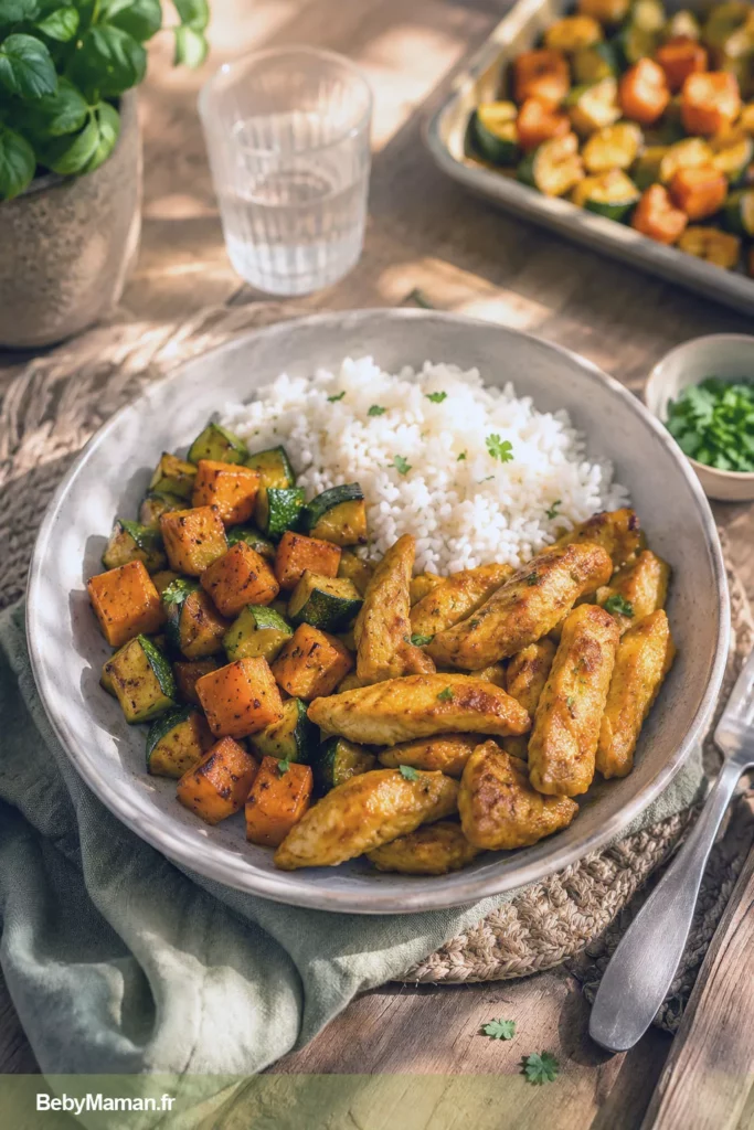 2 batch cooking recette facile riz legumes roties airfryer poulet curry maman hybride Bol gourmand de poulet au curry, riz blanc et légumes d'été rôtis au cumin, présenté dans une ambiance chaleureuse de cuisine slow home pour un menu de batch cooking familial.