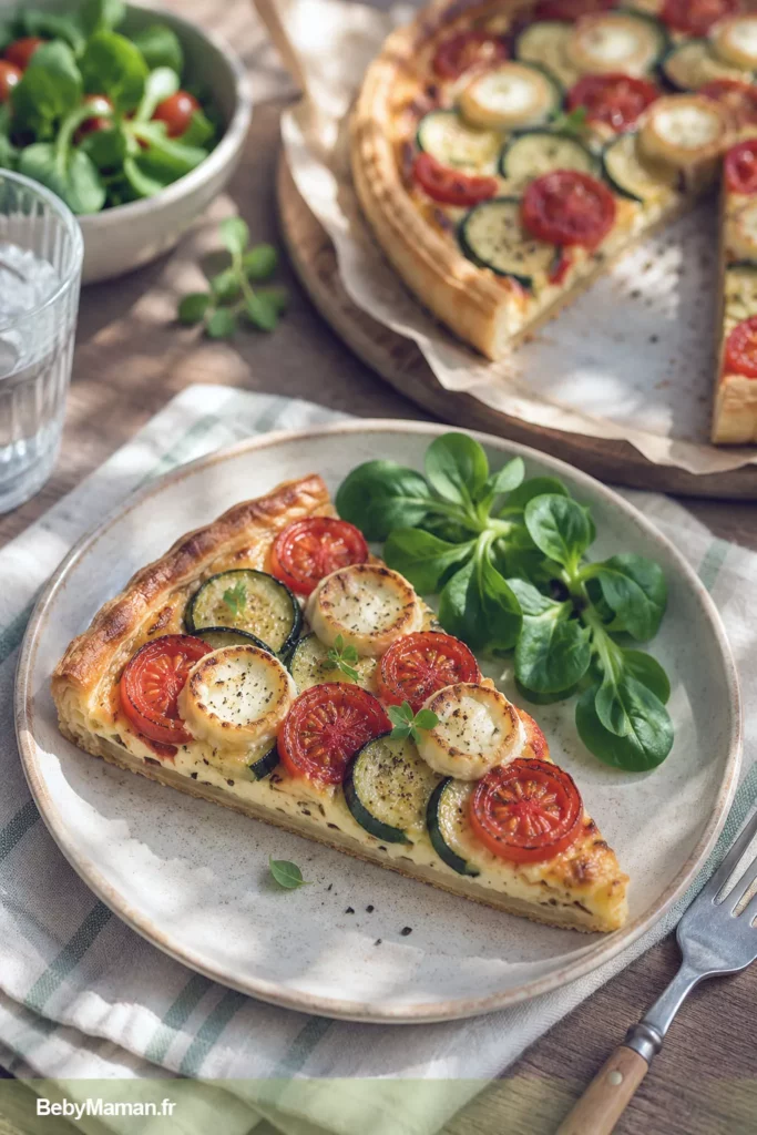 2 batch cooking recette facile tarte salee tomate chevre pesto courgette legume du soleil maman hybride Part de tarte salée aux tomates, courgettes, chèvre et crème fraîche accompagnée d'une salade verte, présentée dans une ambiance chaleureuse pour un dîner estival de batch cooking.