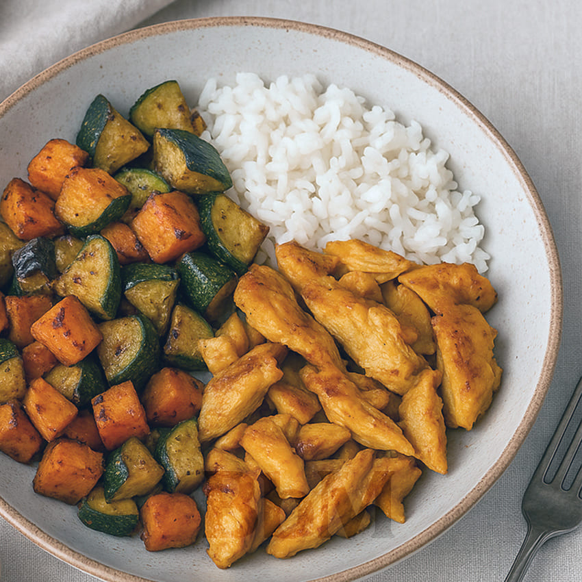 batch cooking recette facile riz legumes roties airfryer poulet curry maman hybride