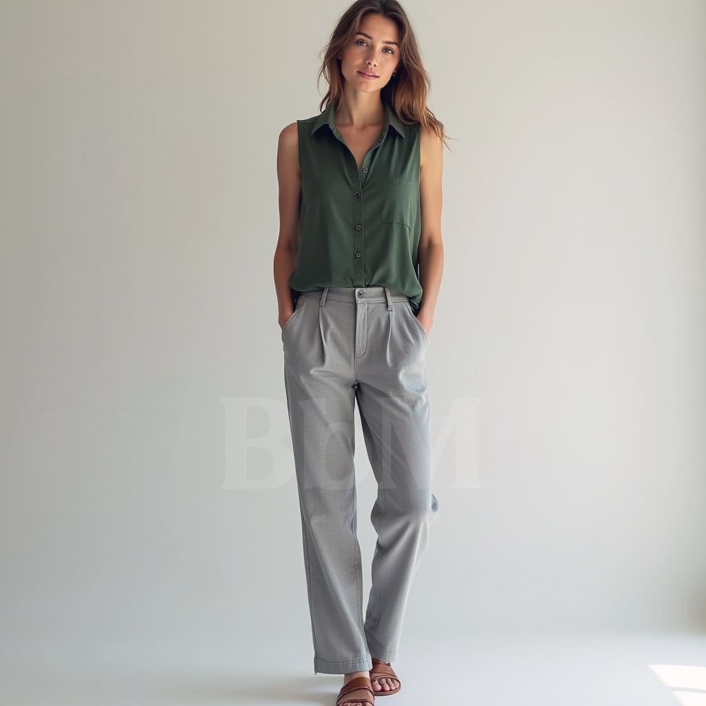 look femme ete canicule travail working girl pantalon fluide gris blouse verte bebymaman
