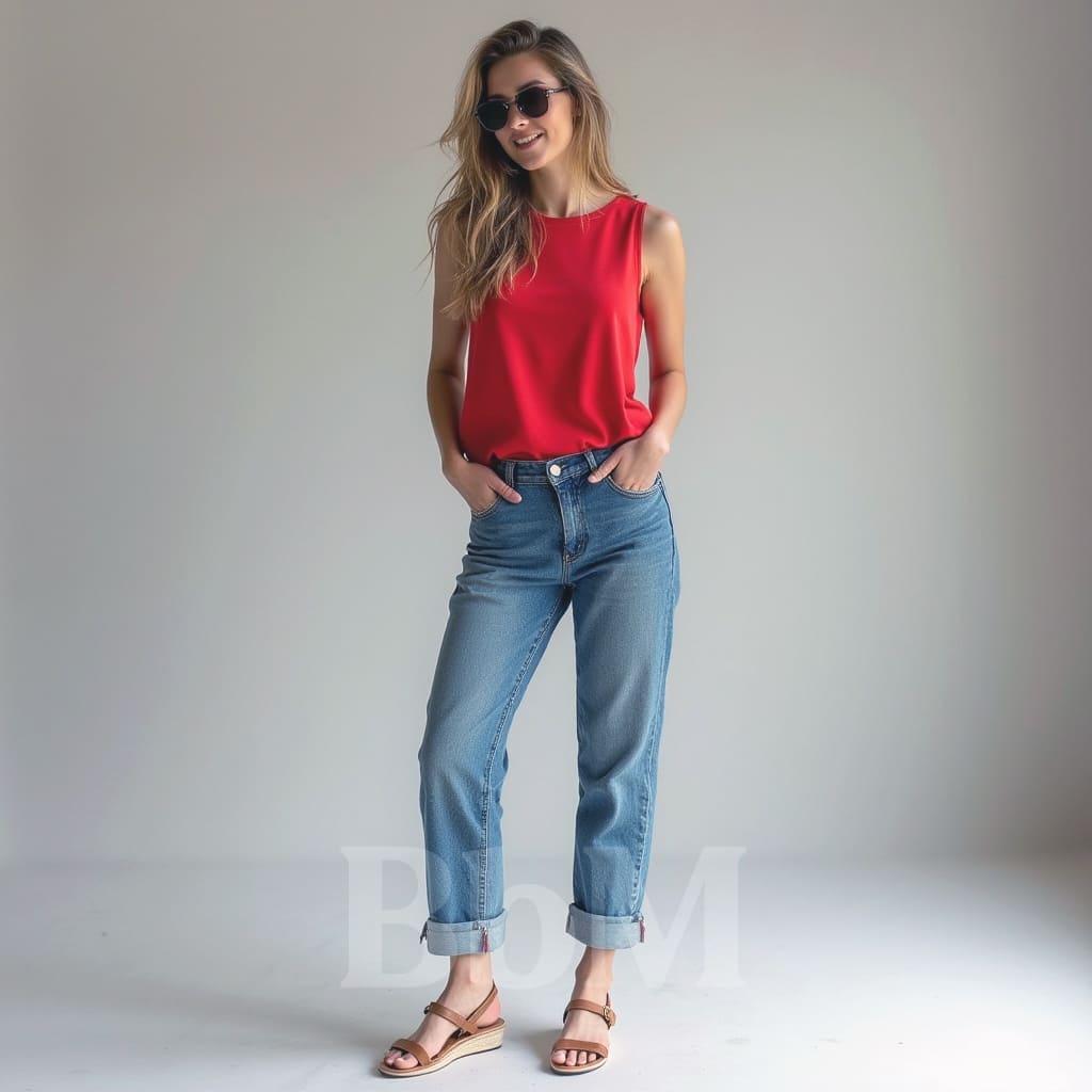 look femme ete canicule travail working girl pantalon jeans large blouse rouge bebymaman