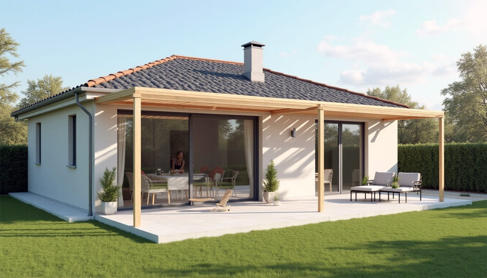 maison contemporaine pergola climatisation toit terrasse moderne bois baie vitree alu
