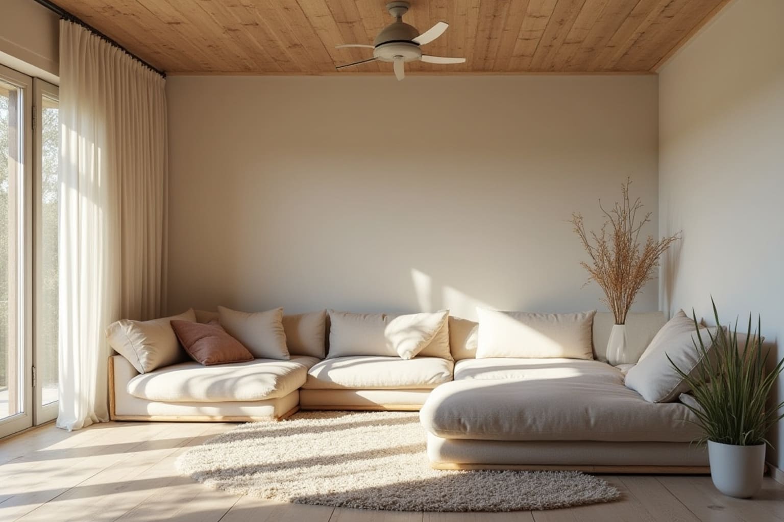 maison contemporaine plafond ventilation bois fraicheur rideau canicule decoration interieur minimaliste