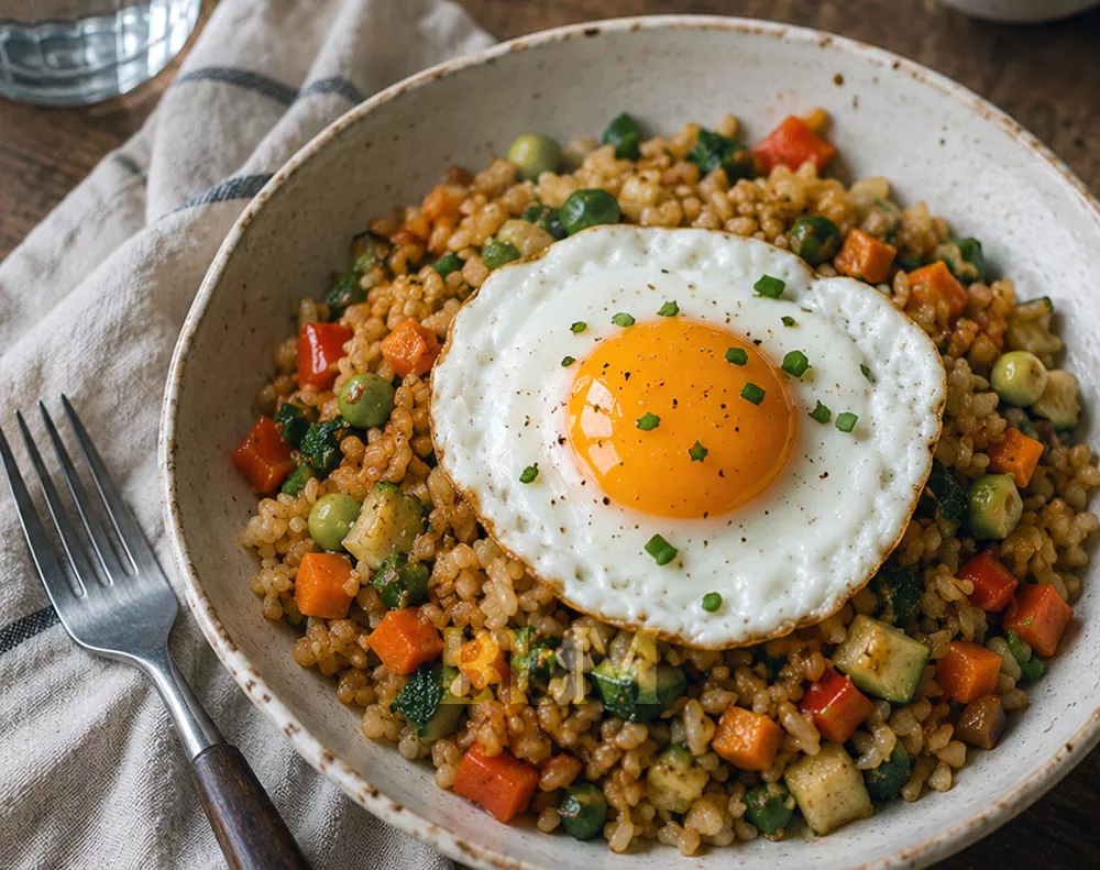 recette facile maman debordee oeuf julienne legumes bebymaman Riz aux légumes sautés maison avec œuf au plat, recette facile et rapide pour un repas familial