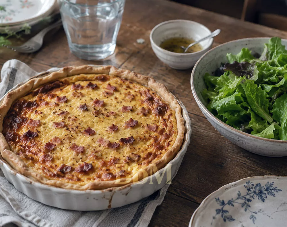 recette facile maman debordee quiche lorraine tarte fromage bebymaman Quiche lorraine maison aux lardons accompagnée d’une salade verte croquante pour un repas familial facile