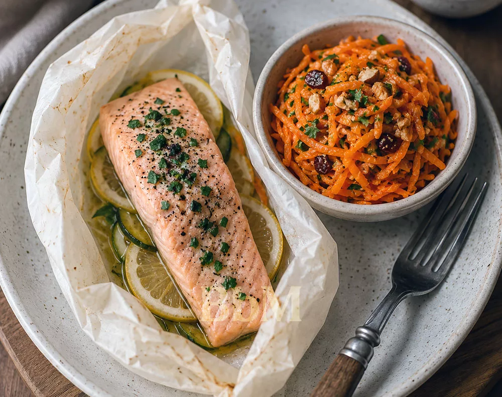 recette facile maman debordee saumon carottes bebymaman Papillote de saumon au citron et herbes avec salade de carottes râpées maison, recette facile et gourmande