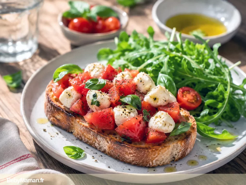 2TARTI1 Bruschetta tomate, mozzarella et basilic servie avec une salade verte, un dîner d'été rapide, frais et gourmand prêt en 10 minutes.