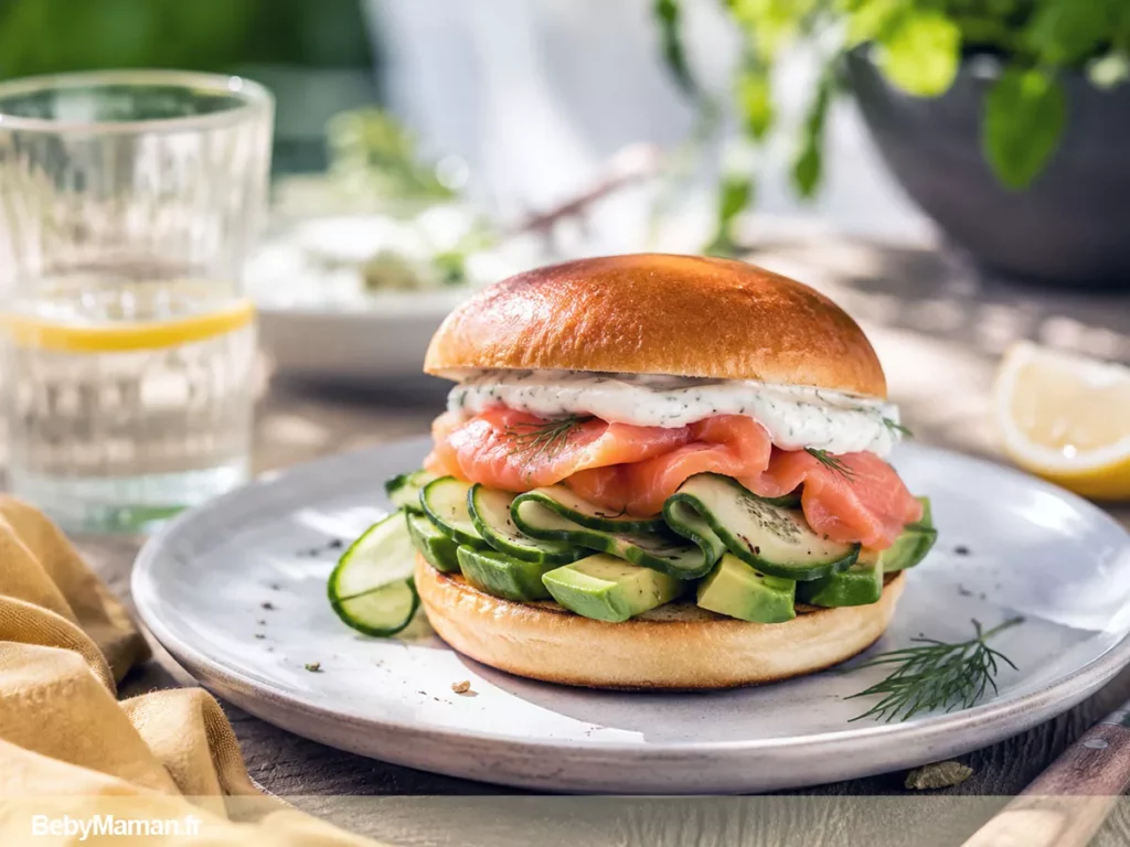 2buns burger saumon avocat concombre ete recette facile repas enfant complet healfy manger sainement diner maison maman hybride bebymaman Burger d'été au saumon fumé, avocat, concombre et sauce au yaourt citronné, servi avec une salade verte : un dîner frais, équilibré et prêt en 10 minutes.