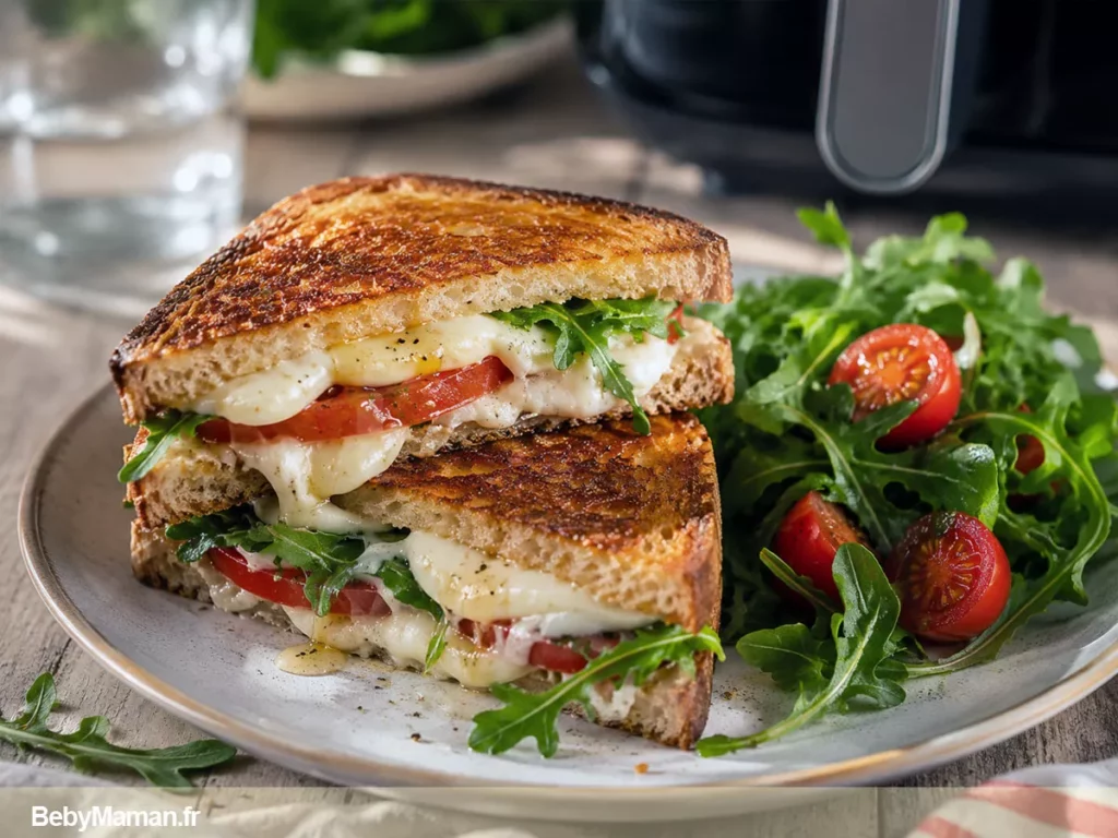 2croque chevre tomate recette facile repas enfant complet healfy manger sainement diner maison maman hybride bebymaman Croque chèvre, tomates et miel accompagné d'une salade de roquette et tomates cerises, un dîner d'été gourmand et prêt en 10 minutes.