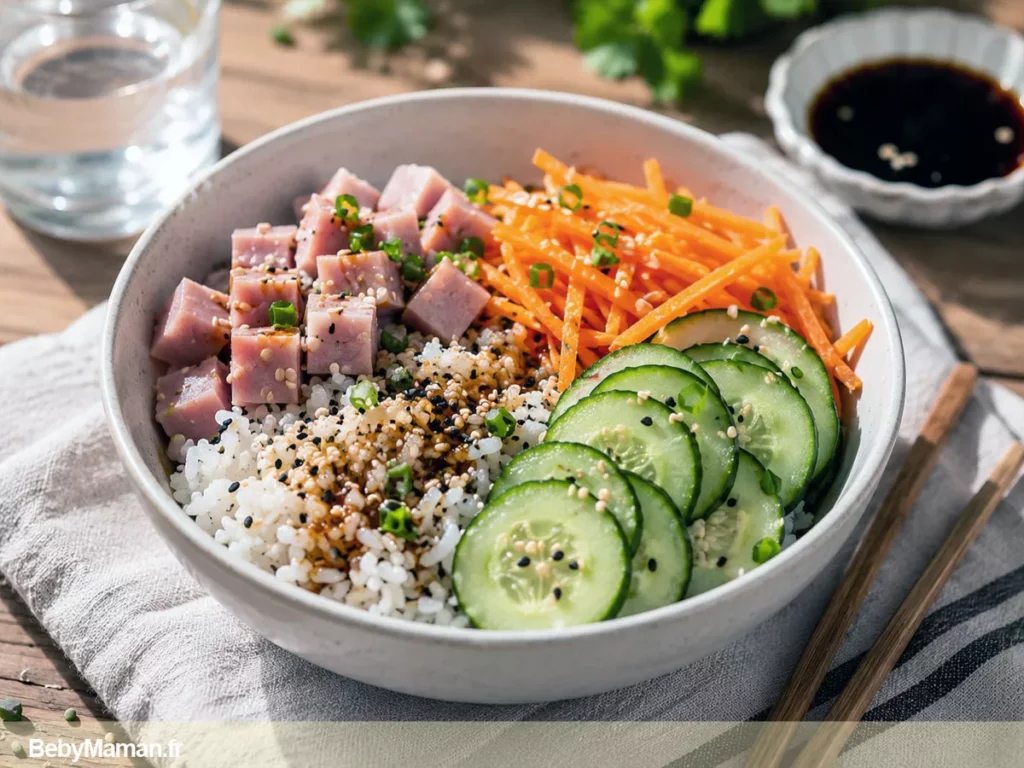 2poke ball jambon sesame concombre carotte recette facile repas enfant complet healfy manger sainement diner maison maman hybride bebymaman 1 Poké bowl maison au riz, carottes, concombre, jambon, graines de sésame et sauce soja, un dîner d'été frais et personnalisable.