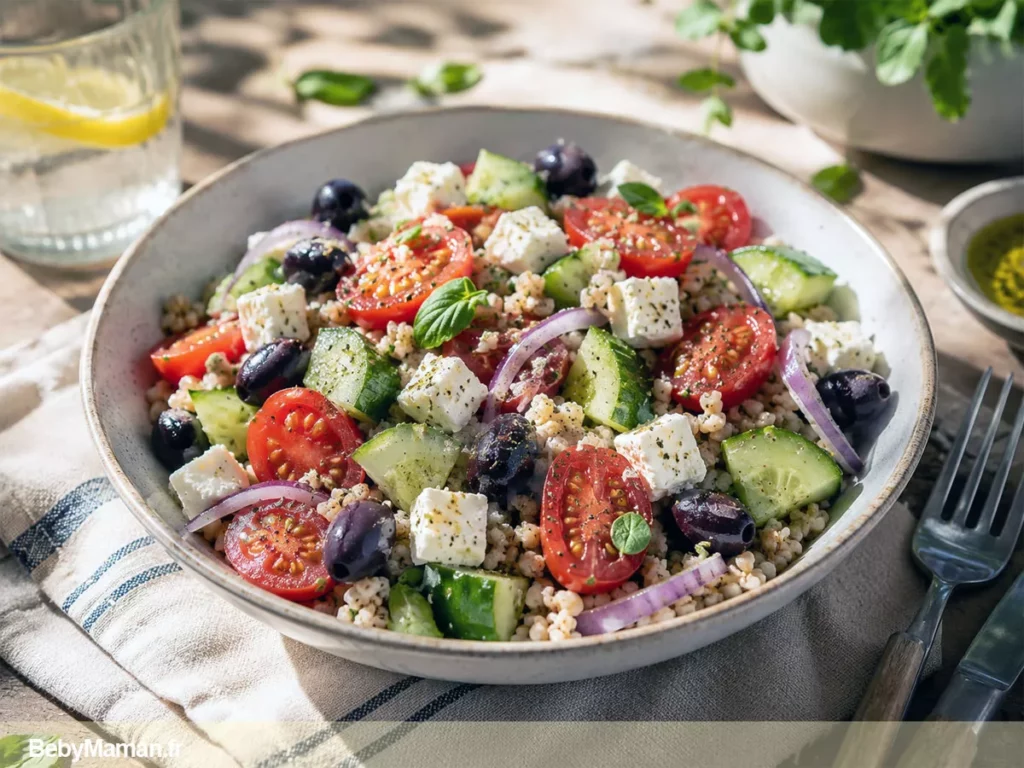 2salade grecque ceteales feta olive recette facile repas enfant complet healfy manger sainement diner maison maman hybride bebymaman Salade grecque express au quinoa, tomates, concombre, feta et olives noires, un dîner d'été frais, équilibré et prêt en 10 minutes.
