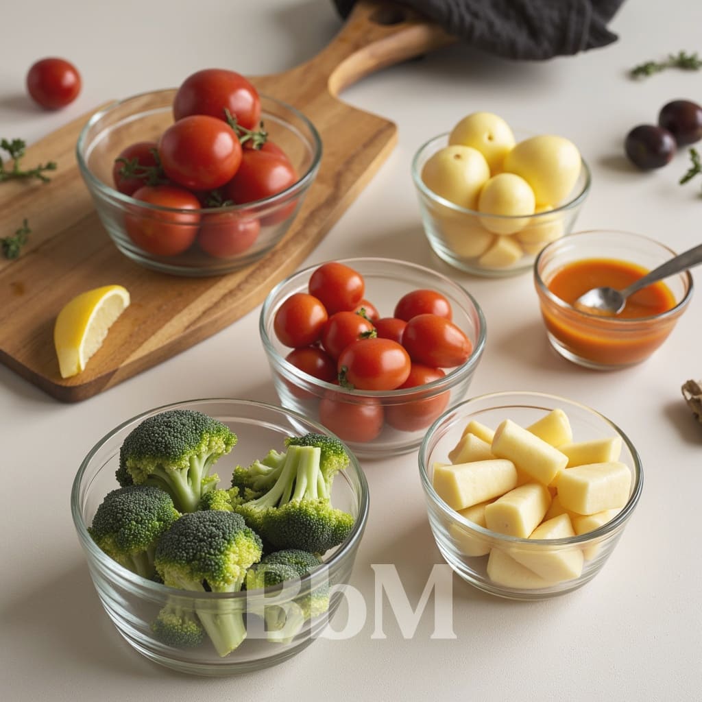 Ingrédients frais préparés à l’avance dans des bols pour le batch cooking, sur un plan de travail organisé.