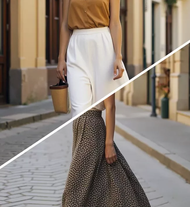 Comparatif mode femme été avec jupe longue bohème fluide à imprimé fleuri et tenue nomade chic composée d'un pantalon blanc ample et d'un top camel, dans une rue ensoleillée au style méditerranéen.