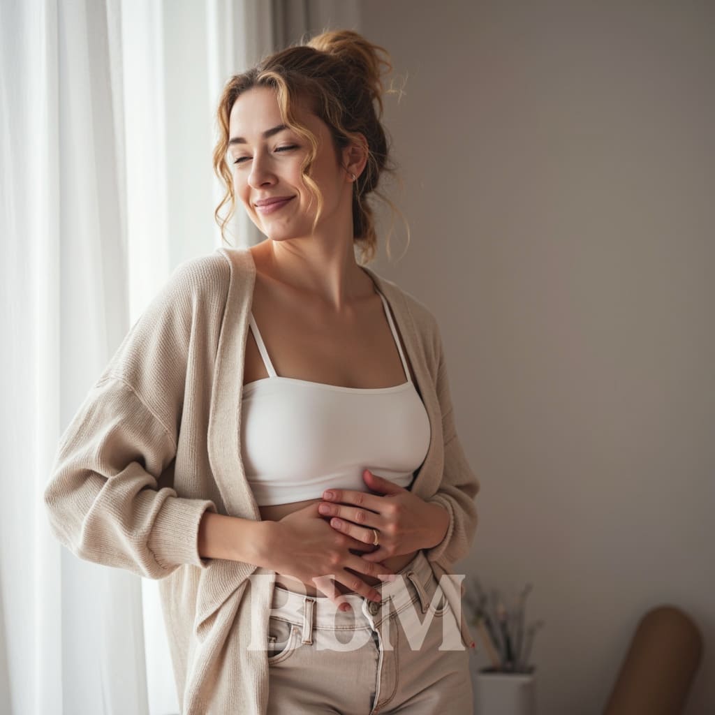 Jeune femme souriante posant une main sur son ventre en signe de bien-être digestif, dans une ambiance douce et naturelle