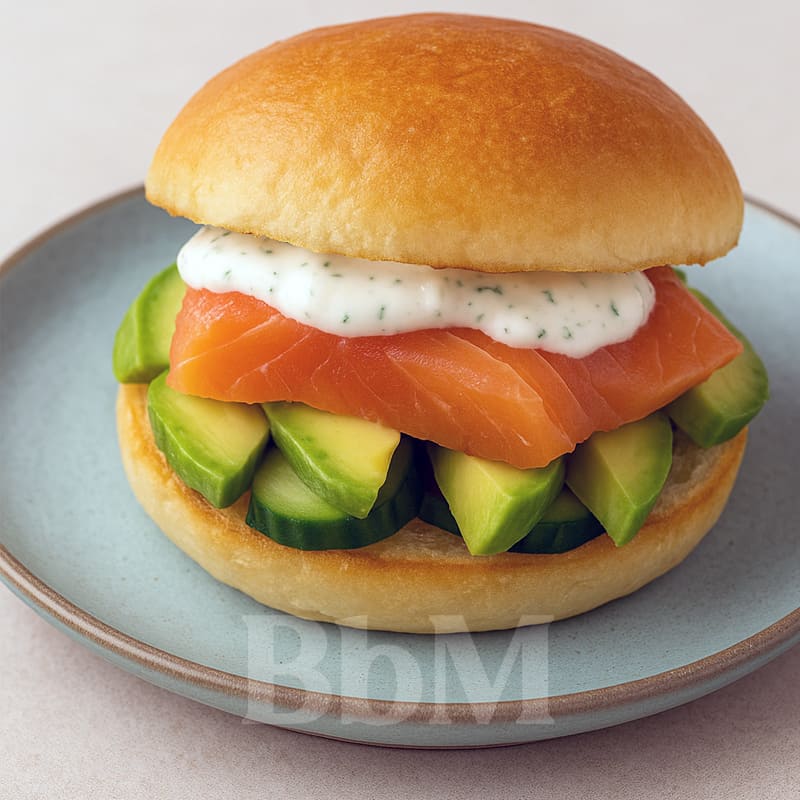 Burger d’été au saumon fumé, avocat et concombre – recette saine rapide | Be by Maman