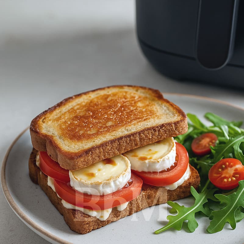 Croque chaud au chèvre, tomates et miel, doré à l’airfryer et servi avec une salade de roquette : un dîner rapide, croustillant et fondant à la fois.