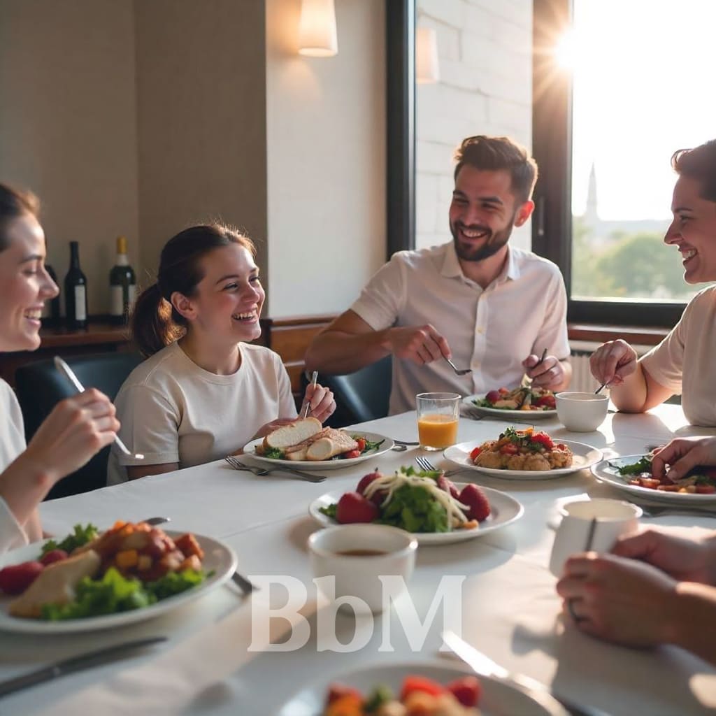 Famille réunie autour d’un dîner ensoleillé et convivial, partageant un repas unique dans une ambiance détendue, symbole d’une organisation allégée et d’un temps précieux retrouvé.
