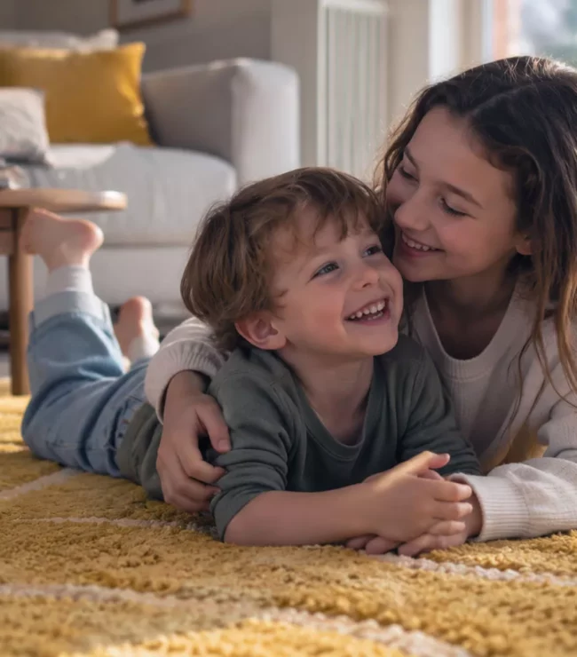 Frère et sœur avec 7 ans d’écart allongés sur un tapis jaune, complices et souriants dans le salon familial