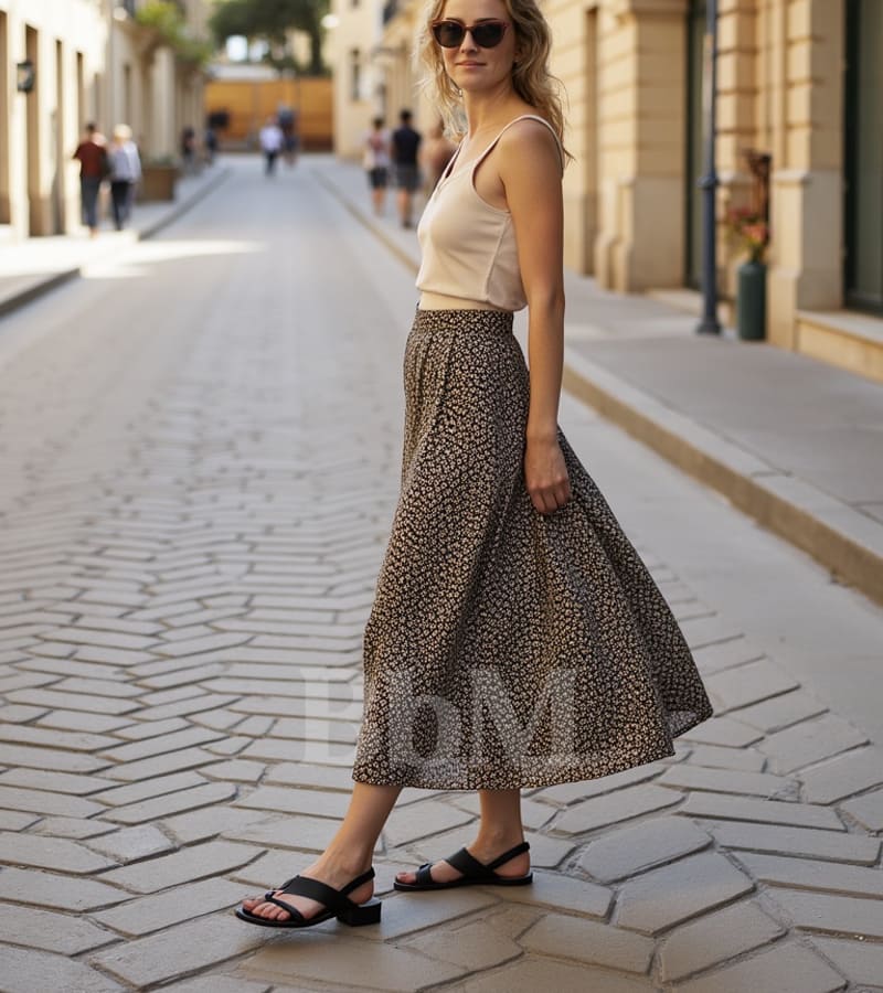 Femme en jupe longue fluide à motifs et débardeur beige, look nomade moderne été 2025 avec sandales noires