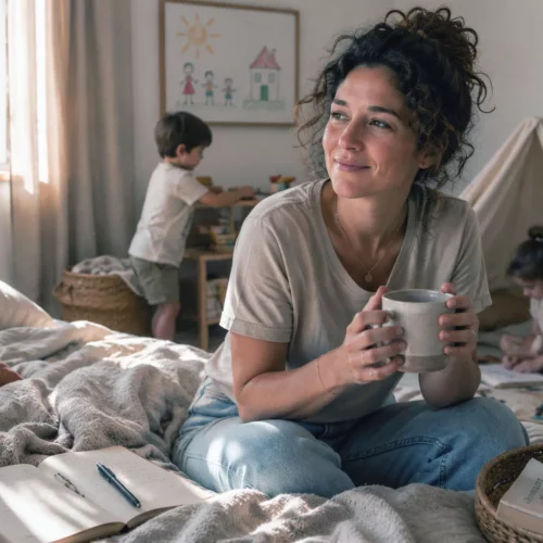 maison enfant vacances scolaires organisation bien etre famille bebymaman Maman slow de 35 ans assise sur son lit pendant les vacances scolaires, tasse chaude à la main, observant ses enfants jouer dans une chambre familiale lumineuse. Entre charge mentale, besoin de calme et vie de famille intense, cette scène illustre la recherche d'un équilibre entre organisation de la maison, parentalité et temps pour soi.