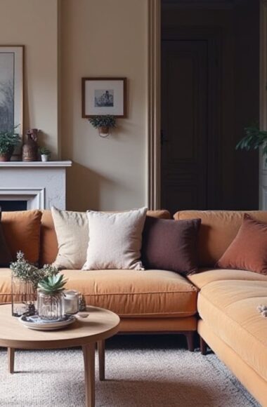 maison famille decoration interieur vintage boheme canape oversize ocre cheminee amengement salon ancien benymaman