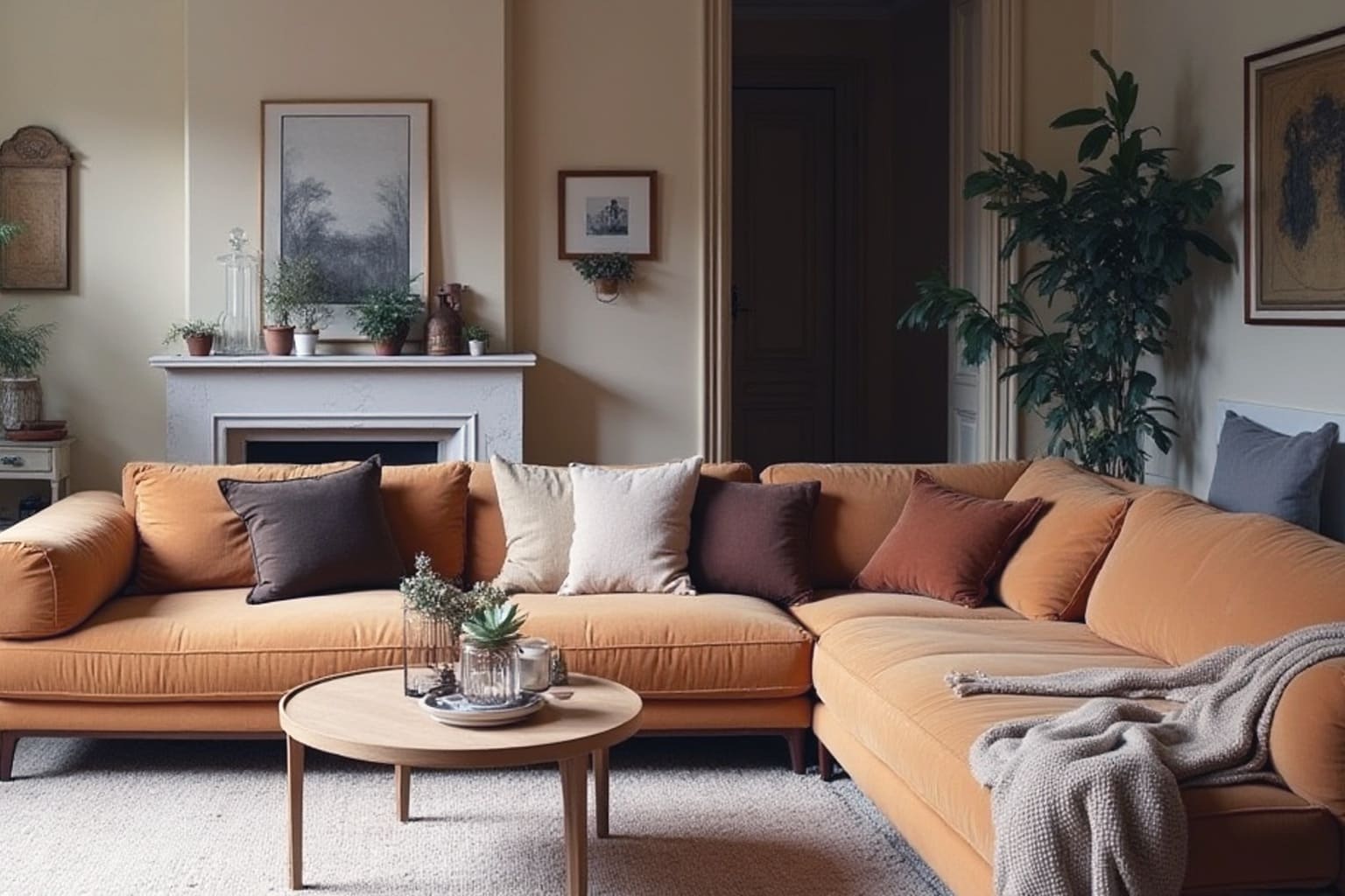 maison famille decoration interieur vintage boheme canape oversize ocre cheminee amengement salon ancien benymaman