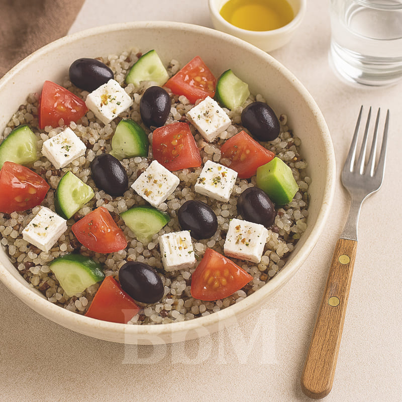 Salade grecque au mélange de céréales, feta, tomates, concombre et olives – recette rapide et saine pour un dîner d'été équilibré | Be by Maman