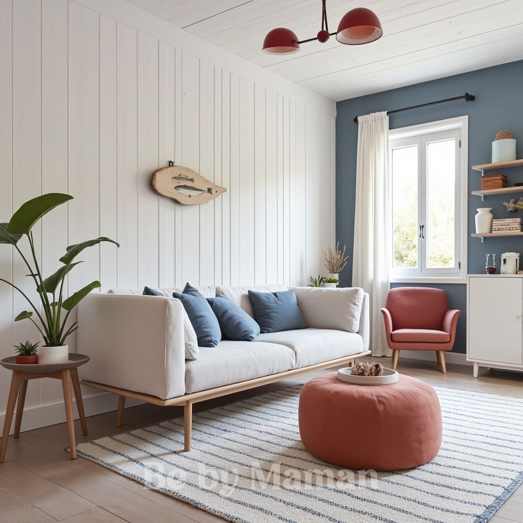 Salon esprit maison de pêcheur moderne avec canapé blanc, coussins bleu marine, pouf rouge rouille, lambris blanc et déco murale poisson en bois.