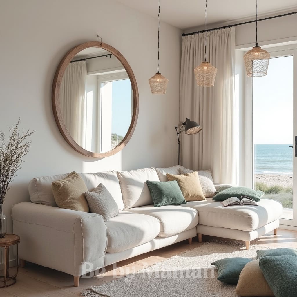 Salon bord de mer esprit Cap Ferret avec canapé blanc en lin, coussins beiges et verts, suspensions en osier et grande baie vitrée surplombant l’océan.

