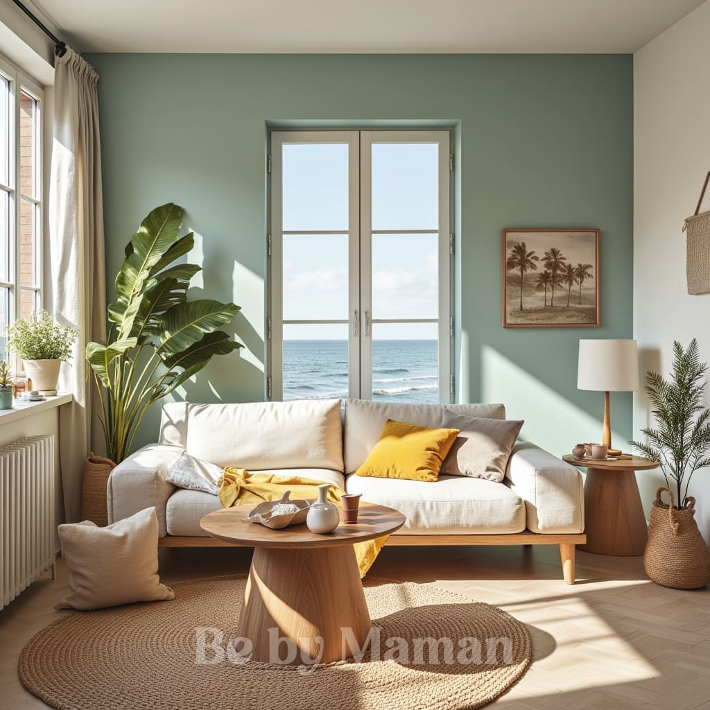 Salon lumineux avec mur turquoise, canapé blanc, coussins jaunes, déco naturelle et vue sur la mer.