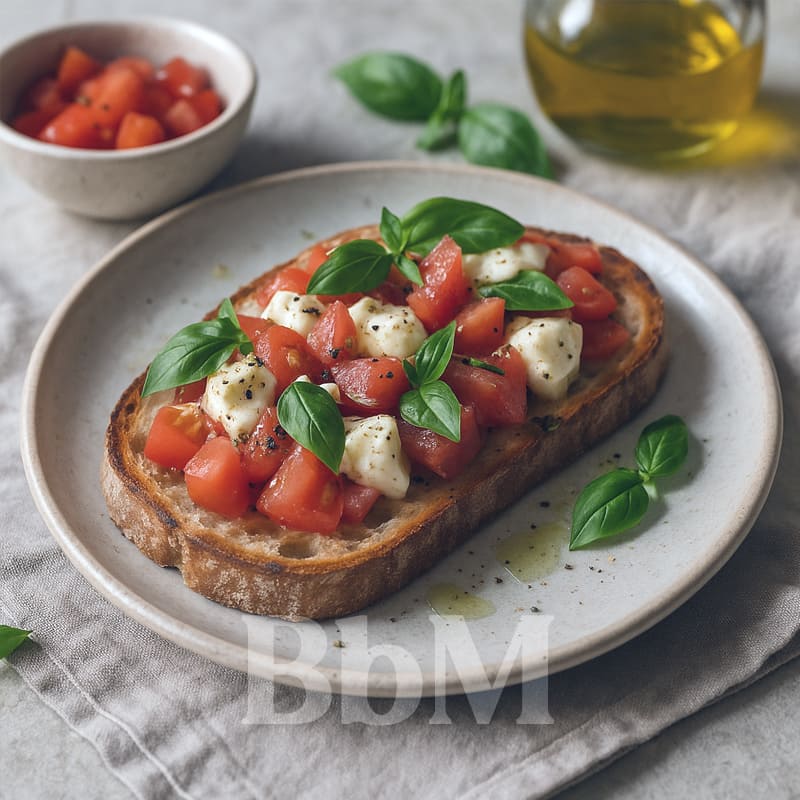 Bruschetta maison avec tomates, mozzarella fondante et herbes, servie sur une assiette