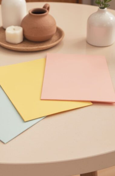 Méthode anti charge mentale 3/3/3 : trois feuilles pastel (bleu, jaune, rose) posées sur une table avec une tasse de café, une bougie et une théière — ambiance douce et organisée pour femme ou maman débordée