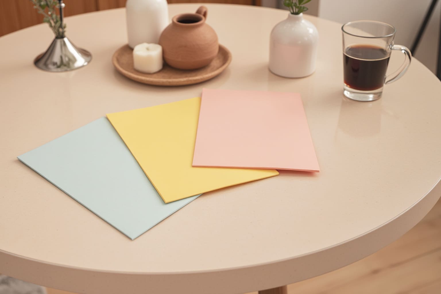 Méthode anti charge mentale 3/3/3 : trois feuilles pastel (bleu, jaune, rose) posées sur une table avec une tasse de café, une bougie et une théière — ambiance douce et organisée pour femme ou maman débordée