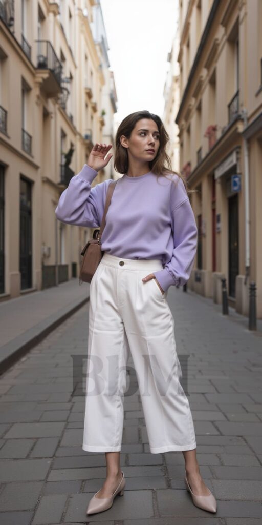 look casual bbm rentree septembre 2025 mode femme pantalon blanc oversize taille haute mauve manche rouge pantalon blanc oversize femme look lilas working girl confort chic rentrée septembre 2025