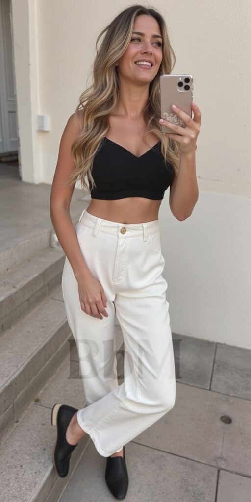 look casual bbm rentree septembre 2025 mode femme pantalon blanc oversize taille haute top court noir selfie pantalon blanc oversize femme look noir et blanc crop top chic urbain rentrée septembre 2025