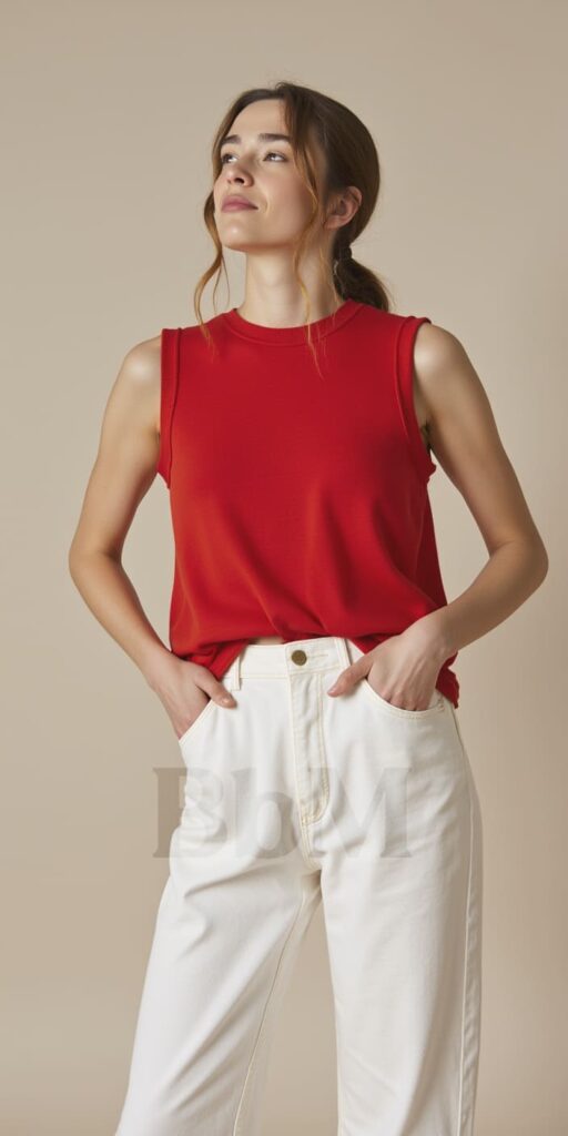 look casual bbm rentree septembre 2025 mode femme pantalon blanc oversize taille haute top sans manche rouge pantalon blanc oversize femme look rouge énergie chic mode rentrée septembre 2025