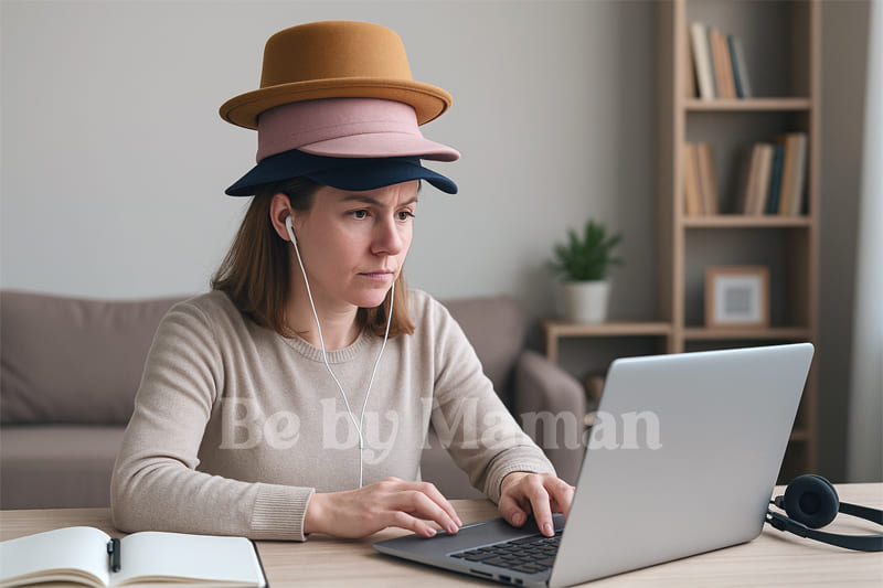 maman hybride casquette activites charge mentale burnout femme carriere teletravail bebymaman Femme en télétravail portant trois casquettes empilées, symbolisant les multiples rôles d’une maman hybride entre travail, famille et vie personnelle.