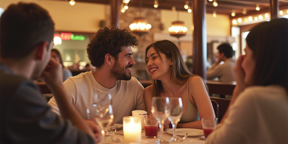 sortie sociale homme ideal vie de couple amour relation bebymaman Couple complice en soirée au restaurant, une femme souriante se sent valorisée et plus belle aux côtés de son partenaire – vie de couple, amour et confiance