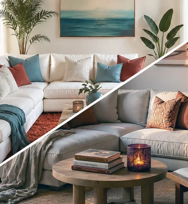 Comparatif déco salon Nomade Hôtel vs Riviera Chic avec canapé beige, matières naturelles, photophore violet, ambiance bohème chaleureuse d'un côté et salon lumineux inspiré de la Méditerranée avec coussins bleu azur, tapis rouge et table basse en fer forgé de l'autre.