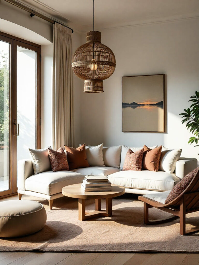 decoration interieur nomade hotel bebymaman Salon style Nomade Hôtel chic avec canapé blanc, coussins terracotta et suspensions en osier, ambiance bohème voyageuse