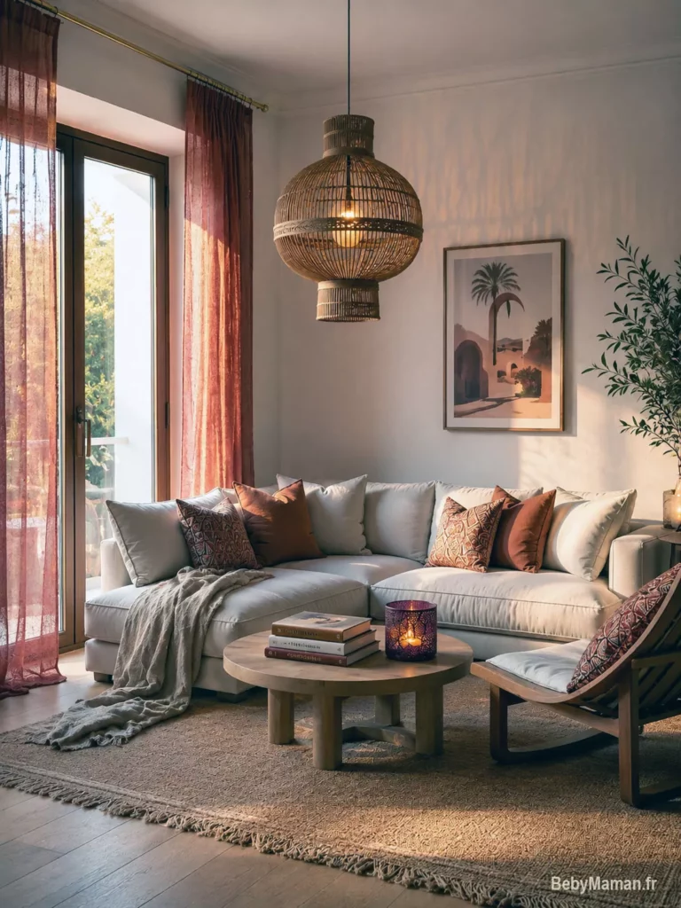 decoration nomade hotel chic inspirations bebymaman Salon Nomade Hôtel chaleureux et bohème avec canapé beige généreux, voilage terracotta translucide, suspension en rotin allumée, plaid en lin froissé, photophore violet et doré