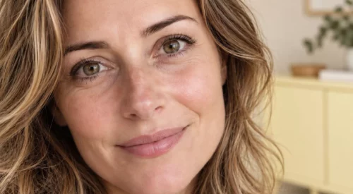 Gros plan sur le visage d’une femme à la peau naturelle, dans un intérieur aux murs beige avec un meuble jaune pastel en arrière-plan flouté.
