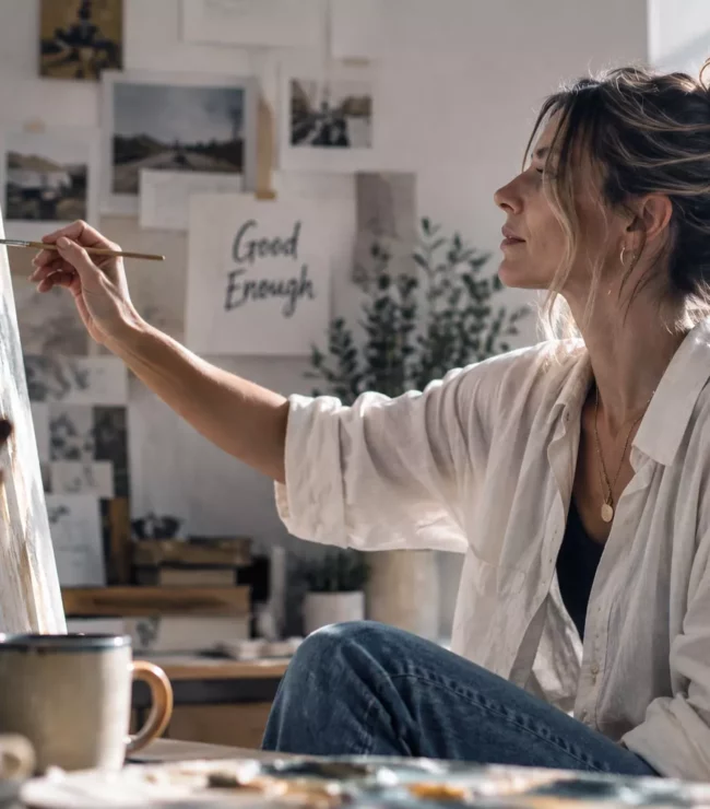 Femme d’environ 35 ans peignant une toile dans son atelier, symbole du choix de tracer sa propre voie