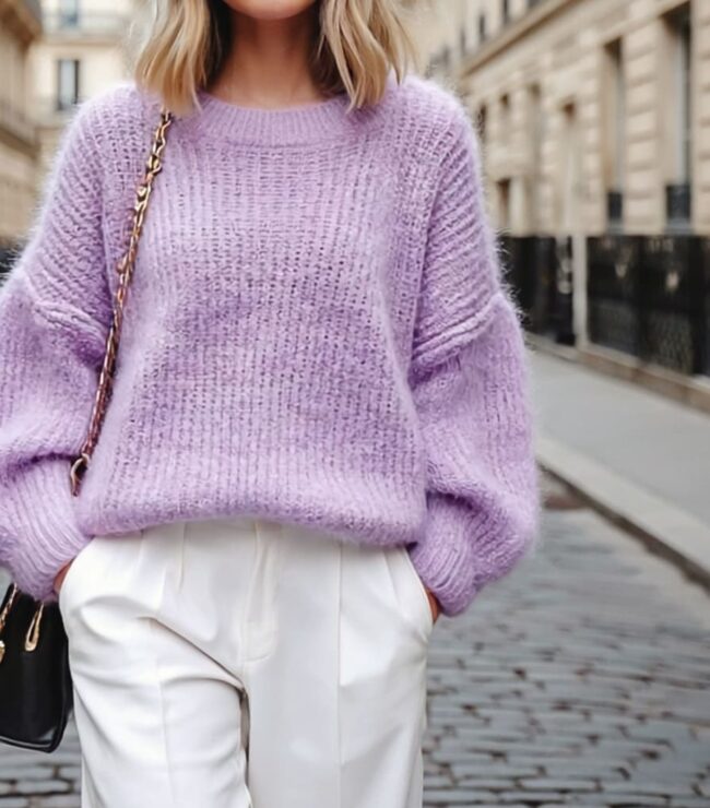 mode femme look casual pull oversize violet lilas pantalon blanc mama hybride bebymaman