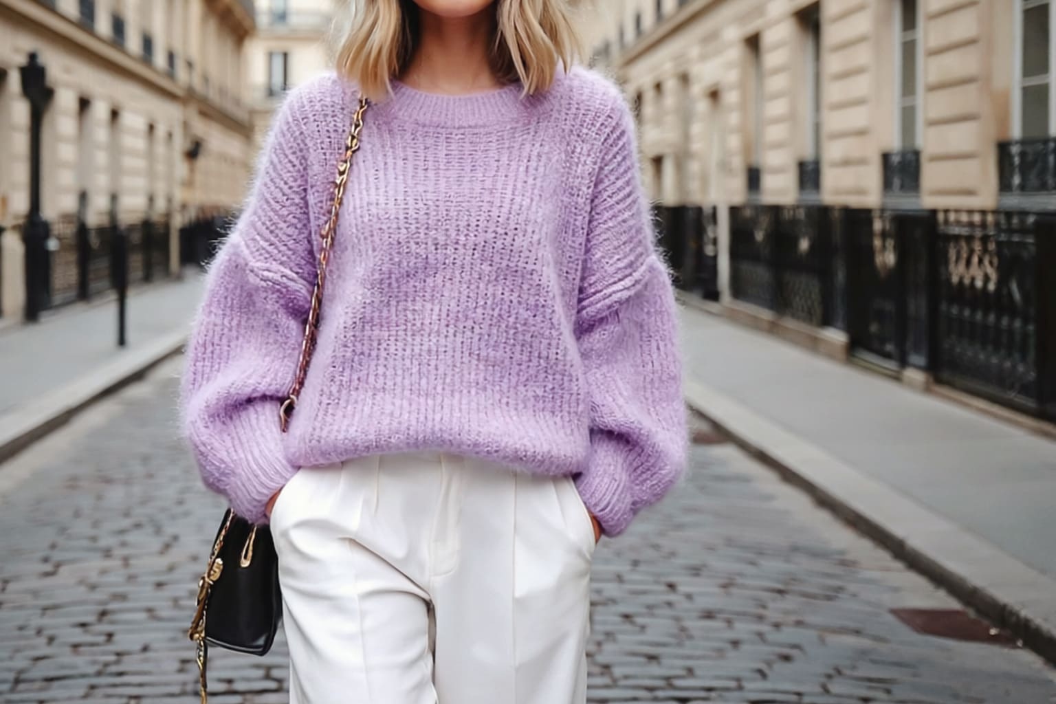 mode femme look casual pull oversize violet lilas pantalon blanc mama hybride bebymaman