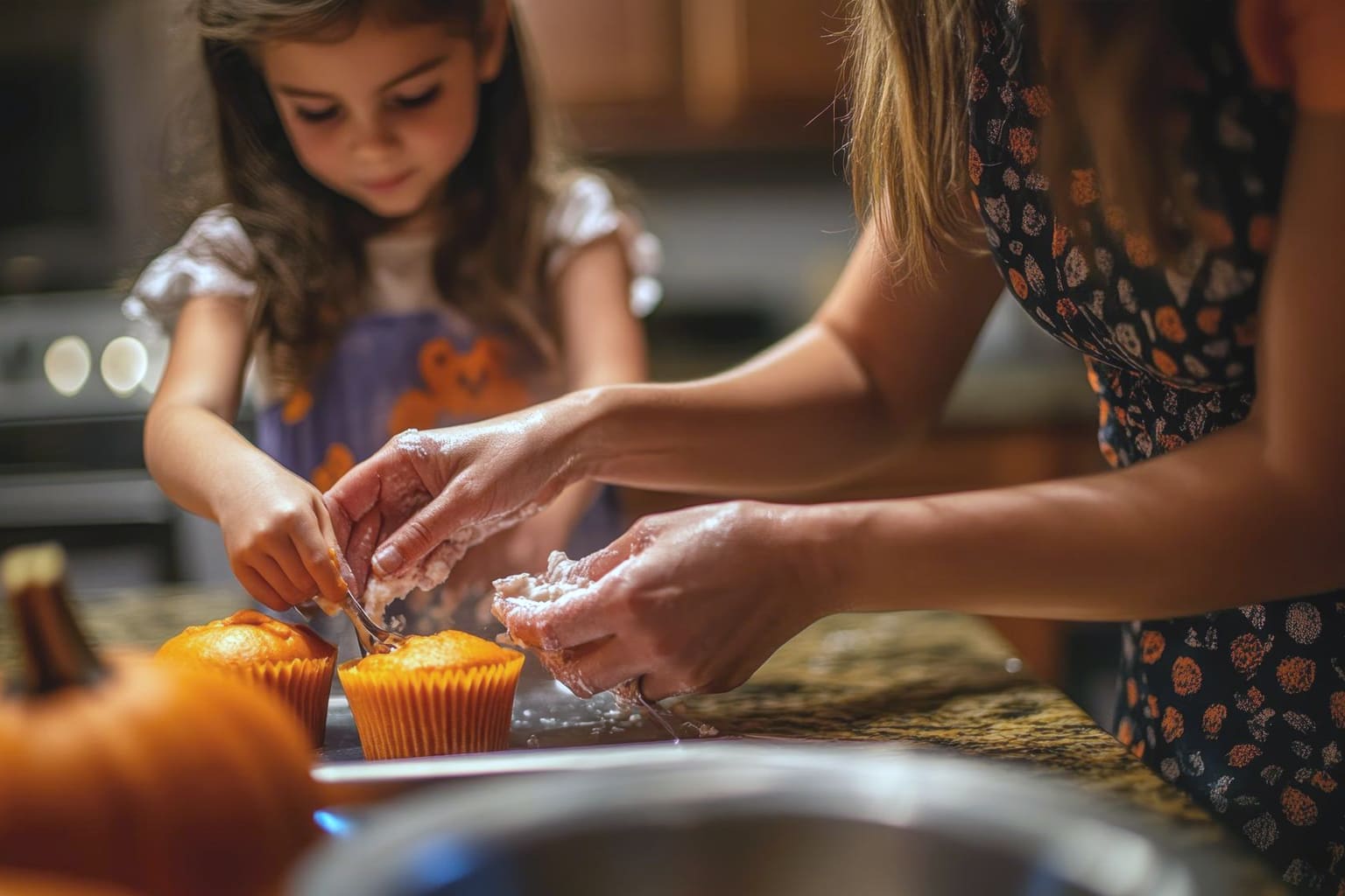 Maman et enfant cuisinant ensemble des muffins au potiron pendant une activité d’automne à la maison